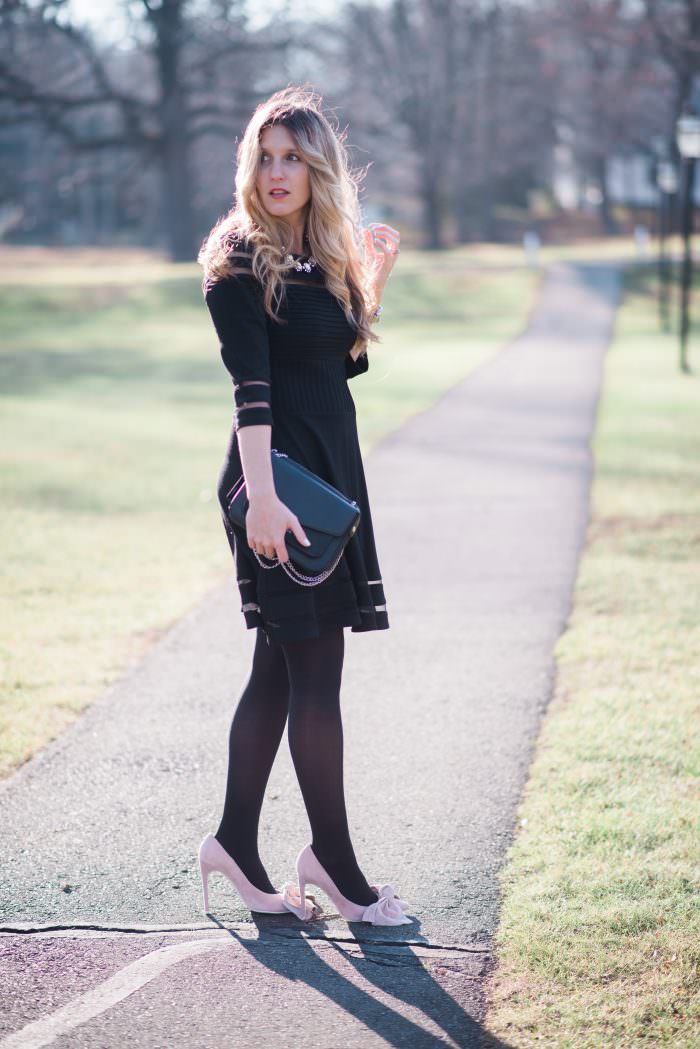 New Year's Eve Outfit featuring a little black dress & faux fur collar sweater!