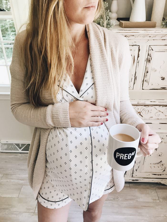 37 weeks in button up pajamas and a cozy cardigan